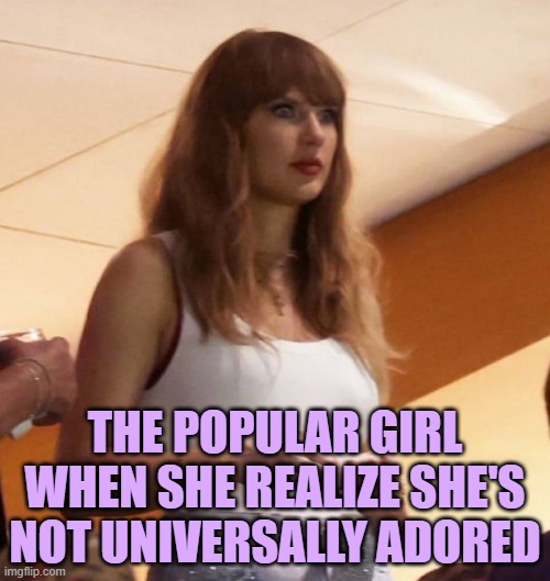 THE POPULAR GIRL WHEN SHE REALIZE SHE'S NOT UNIVERSALLY ADORED | image tagged in taylor swift,nfl,superbowl | made w/ Imgflip meme maker