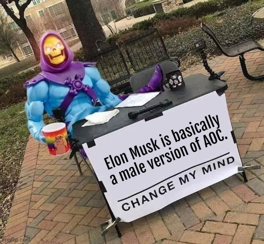 Change my racist mind | Elon Musk is basically a male version of AOC. | image tagged in skeletor change my mind,elon musk,aoc,fun | made w/ Imgflip meme maker