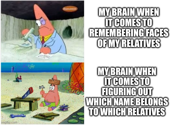 Aaand then my dad gets mad for that when we have too much relatives | MY BRAIN WHEN IT COMES TO REMEMBERING FACES OF MY RELATIVES; MY BRAIN WHEN IT COMES TO FIGURING OUT WHICH NAME BELONGS TO WHICH RELATIVES | image tagged in patrick smart dumb,guess who,i dont care | made w/ Imgflip meme maker