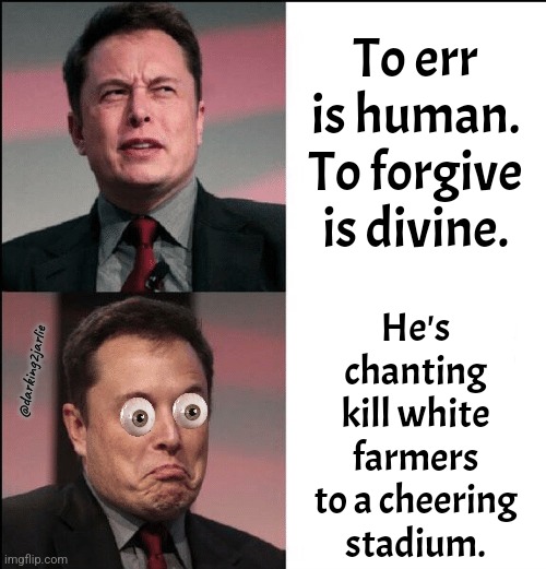 Male AoC of Republican Party | To err is human. To forgive is divine. He's chanting kill white farmers to a cheering stadium. @darking2jarlie | image tagged in elon musk no maybe,elon musk,aoc,liberal hypocrisy,hypocrisy | made w/ Imgflip meme maker