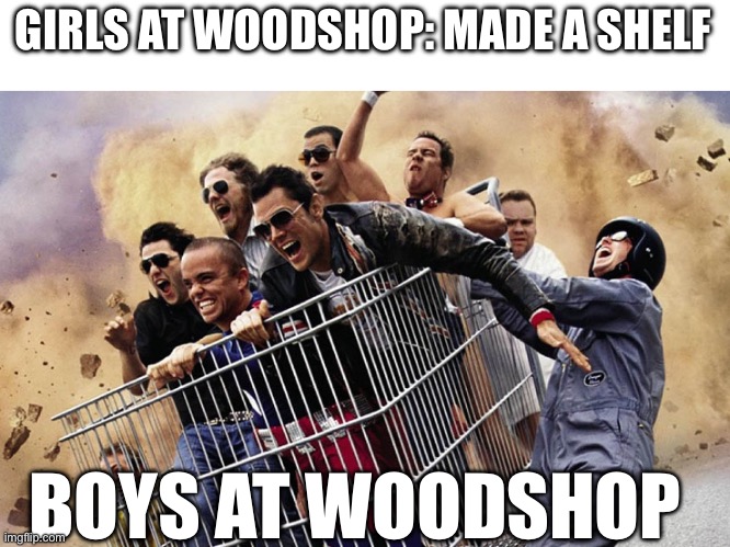 jackass | GIRLS AT WOODSHOP: MADE A SHELF; BOYS AT WOODSHOP | image tagged in jackass | made w/ Imgflip meme maker