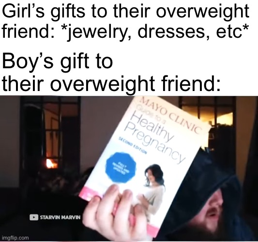 I’M NOT PREGNANT!!! | Girl’s gifts to their overweight friend: *jewelry, dresses, etc*; Boy’s gift to their overweight friend: | image tagged in caseoh,boys vs girls | made w/ Imgflip meme maker