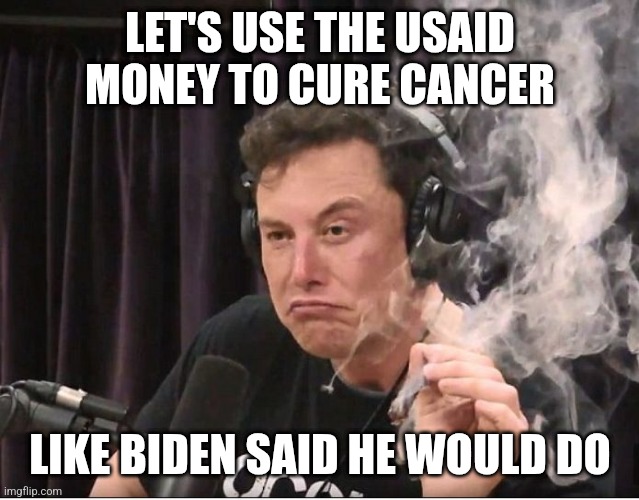 Elon Musk smoking a joint | LET'S USE THE USAID MONEY TO CURE CANCER LIKE BIDEN SAID HE WOULD DO | image tagged in elon musk smoking a joint | made w/ Imgflip meme maker