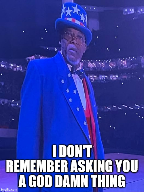 Unc Sammy | I DON'T REMEMBER ASKING YOU A GOD DAMN THING | image tagged in samuel l jackson,super bowl | made w/ Imgflip meme maker