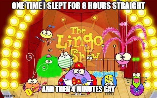 sleep tight | ONE TIME I SLEPT FOR 8 HOURS STRAIGHT; AND THEN 4 MINUTES GAY | image tagged in lingo show,lgbtq | made w/ Imgflip meme maker