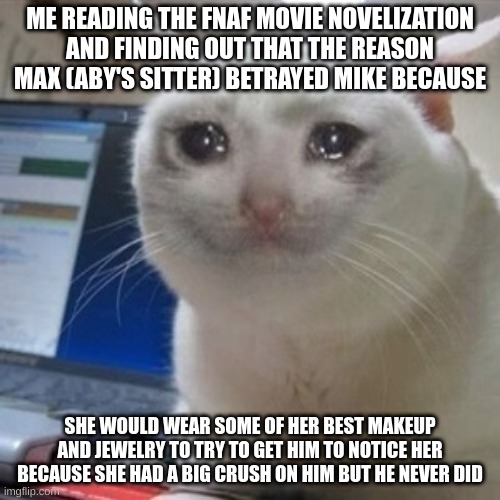 Crying cat | ME READING THE FNAF MOVIE NOVELIZATION AND FINDING OUT THAT THE REASON MAX (ABY'S SITTER) BETRAYED MIKE BECAUSE; SHE WOULD WEAR SOME OF HER BEST MAKEUP AND JEWELRY TO TRY TO GET HIM TO NOTICE HER BECAUSE SHE HAD A BIG CRUSH ON HIM BUT HE NEVER DID | image tagged in crying cat | made w/ Imgflip meme maker