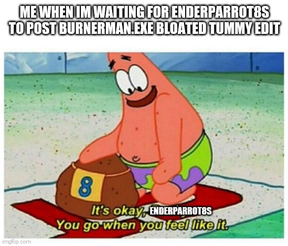 it's Ok,EnderParrot8s You Post it When You Feel like it | ME WHEN IM WAITING FOR ENDERPARROT8S TO POST BURNERMAN.EXE BLOATED TUMMY EDIT; ENDERPARROT8S | image tagged in rocky patrick star | made w/ Imgflip meme maker
