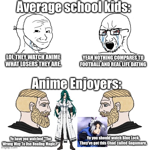 Anime be lit fr. | Average school kids:; LOL THEY WATCH ANIME WHAT LOSERS THEY ARE. YEAH NOTHING COMPARES TO FOOTBALL AND REAL LIFE DATING; Anime Enjoyers:; Yo you should watch Blue Lock. They've got this Chad called Gagamaru. Yo have you watched "The Wrong Way To Use Healing Magic?" | image tagged in crying wojak / i know chad meme,anime,blue lock,the wrong way to use healing magic | made w/ Imgflip meme maker