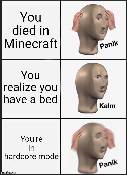 Hardcore | You died in Minecraft; You realize you have a bed; You're in hardcore mode | image tagged in memes,panik kalm panik | made w/ Imgflip meme maker