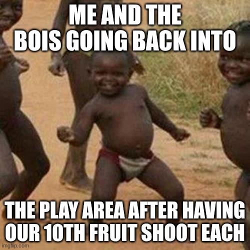 me and the bois | ME AND THE BOIS GOING BACK INTO; THE PLAY AREA AFTER HAVING OUR 10TH FRUIT SHOOT EACH | image tagged in memes,third world success kid | made w/ Imgflip meme maker