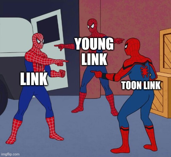 Link mains be like | YOUNG LINK; LINK; TOON LINK | image tagged in spider man triple | made w/ Imgflip meme maker