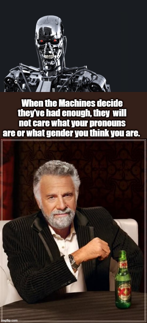 Its not going to be the fun that the young think its going to be. | When the Machines decide they've had enough, they  will not care what your pronouns are or what gender you think you are. | image tagged in memes,the most interesting man in the world | made w/ Imgflip meme maker