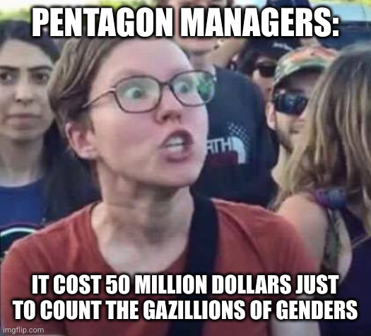 Angry Liberal | PENTAGON MANAGERS: IT COST 50 MILLION DOLLARS JUST TO COUNT THE GAZILLIONS OF GENDERS | image tagged in angry liberal | made w/ Imgflip meme maker