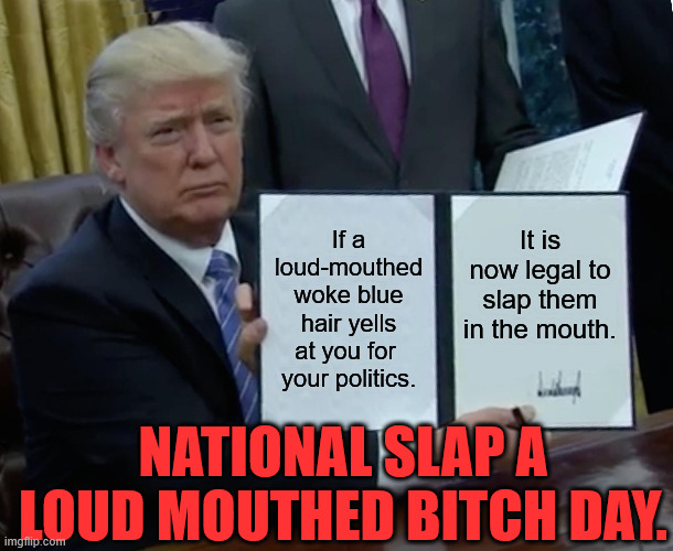 Slap a Wokie | If a loud-mouthed woke blue hair yells at you for  your politics. It is now legal to slap them in the mouth. NATIONAL SLAP A LOUD MOUTHED BITCH DAY. | image tagged in memes,trump bill signing | made w/ Imgflip meme maker