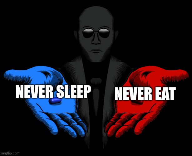 you can only choose one | NEVER EAT; NEVER SLEEP | image tagged in red or blue pill you live and learn,memes | made w/ Imgflip meme maker