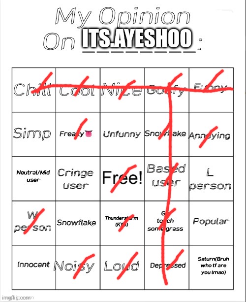 My Opinion On ________: Bingo by Andika V2 | ITS.AYESHOO | image tagged in my opinion on ________ bingo by andika v2 | made w/ Imgflip meme maker