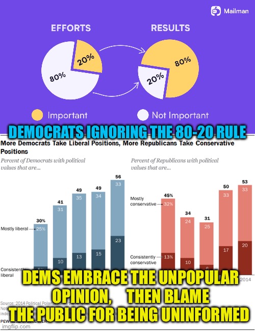 Democrats believe Republicans voters are out of touch | DEMOCRATS IGNORING THE 80-20 RULE; DEMS EMBRACE THE UNPOPULAR OPINION,     THEN BLAME THE PUBLIC FOR BEING UNINFORMED | image tagged in gifs,democrats,incompetence,government corruption,woke | made w/ Imgflip meme maker