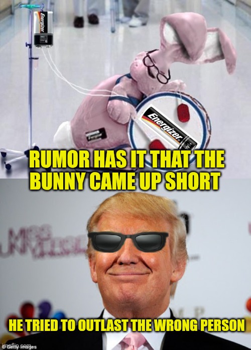 Every bunny comes up lame as Trump can put them all to shame | RUMOR HAS IT THAT THE
BUNNY CAME UP SHORT; HE TRIED TO OUTLAST THE WRONG PERSON | image tagged in worn out bunny,donald trump approves,so true meme | made w/ Imgflip meme maker