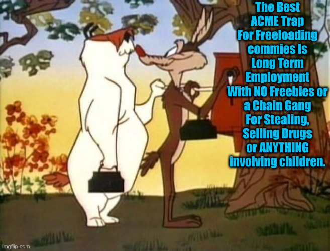 wiley coyote | The Best ACME Trap For Freeloading commies Is Long Term Employment
With NO Freebies or a Chain Gang For Stealing, Selling Drugs or ANYTHING  | image tagged in wiley coyote | made w/ Imgflip meme maker