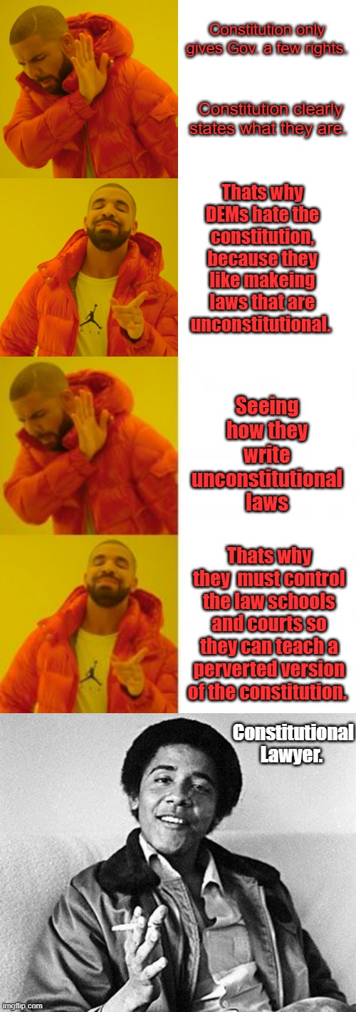 Constitution is only thing stoping them. But it is being destroyed by them. | Constitution only gives Gov. a few rights. Constitution clearly states what they are. Thats why DEMs hate the constitution, because they like makeing laws that are unconstitutional. Seeing how they write unconstitutional laws; Thats why they  must control the law schools and courts so they can teach a perverted version of the constitution. Constitutional Lawyer. | image tagged in memes,drake hotline bling | made w/ Imgflip meme maker