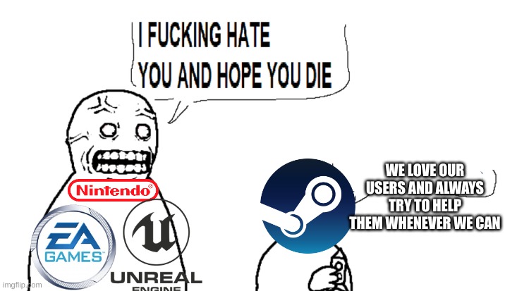 Steam | WE LOVE OUR USERS AND ALWAYS TRY TO HELP THEM WHENEVER WE CAN | image tagged in i hate you and i hope you die,steam,gaming,fun | made w/ Imgflip meme maker