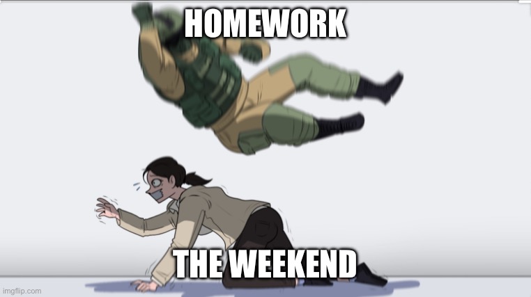 True | HOMEWORK; THE WEEKEND | image tagged in body slam | made w/ Imgflip meme maker