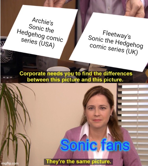 They're The Same Picture | Archie's Sonic the Hedgehog comic series (USA); Fleetway's Sonic the Hedgehog comic series (UK); Sonic fans | image tagged in memes,they're the same picture,sonic the hedgehog,comics/cartoons,fleetway,archie comics | made w/ Imgflip meme maker