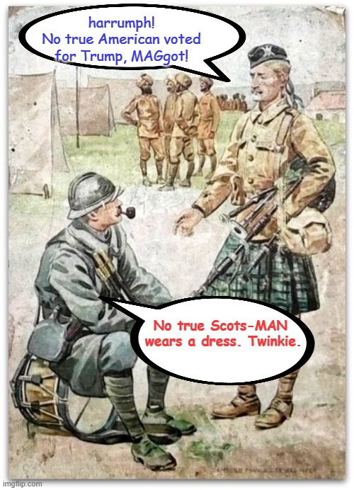 No True Scotsman Fallacy | harrumph!
No true American voted for Trump, MAGgot! No true Scots-MAN 
wears a dress. Twinkie. | image tagged in scottsman frenchman | made w/ Imgflip meme maker