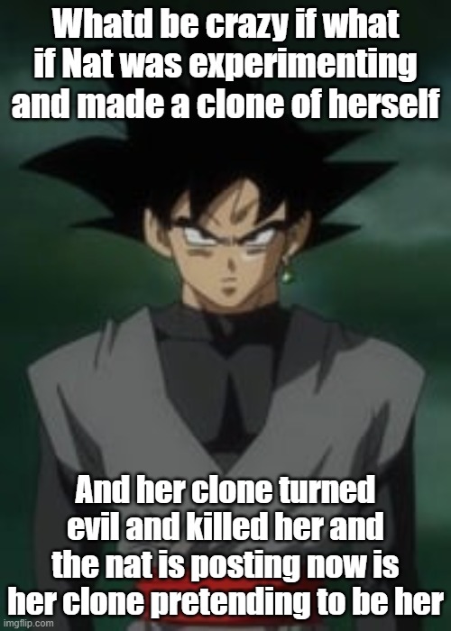 Goku black questions you | Whatd be crazy if what if Nat was experimenting and made a clone of herself; And her clone turned evil and killed her and the nat is posting now is her clone pretending to be her | image tagged in goku black questions you | made w/ Imgflip meme maker