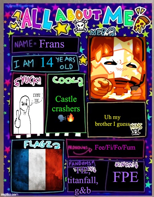 All about me! (Og temp by Jade) | Frans; 14; Castle crashers 🗣️🔥; Uh my brother I guess; Fee/Fi/Fo/Fum; Tf2, titanfall, g&b; FPE | image tagged in all about me og temp by jade | made w/ Imgflip meme maker