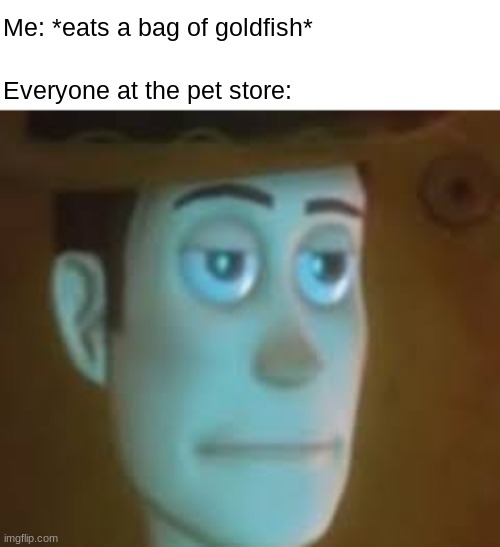 Hello, PETA? | Me: *eats a bag of goldfish*; Everyone at the pet store: | image tagged in disappointed woody | made w/ Imgflip meme maker