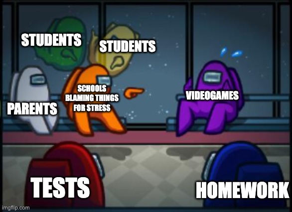 Among us blame | STUDENTS; STUDENTS; SCHOOLS BLAMING THINGS FOR STRESS; VIDEOGAMES; PARENTS; TESTS; HOMEWORK | image tagged in among us blame | made w/ Imgflip meme maker