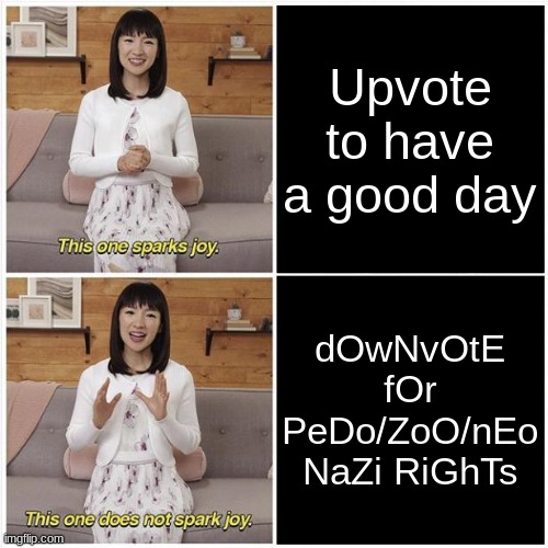 *Bad title* | Upvote to have a good day; dOwNvOtE fOr PeDo/ZoO/nEo NaZi RiGhTs | image tagged in marie kondo spark joy,imagine looking at the tags,funny,memes | made w/ Imgflip meme maker