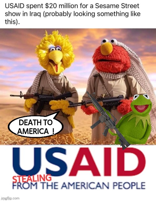 USAid Sesame Street in Iraq scam | DEATH TO AMERICA  ! | image tagged in kermit the frog,sesame street | made w/ Imgflip meme maker