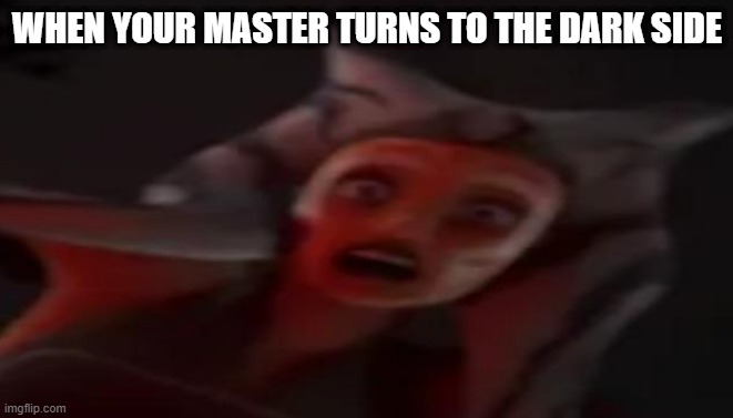 Not Anakin | WHEN YOUR MASTER TURNS TO THE DARK SIDE | image tagged in ahsoka | made w/ Imgflip meme maker