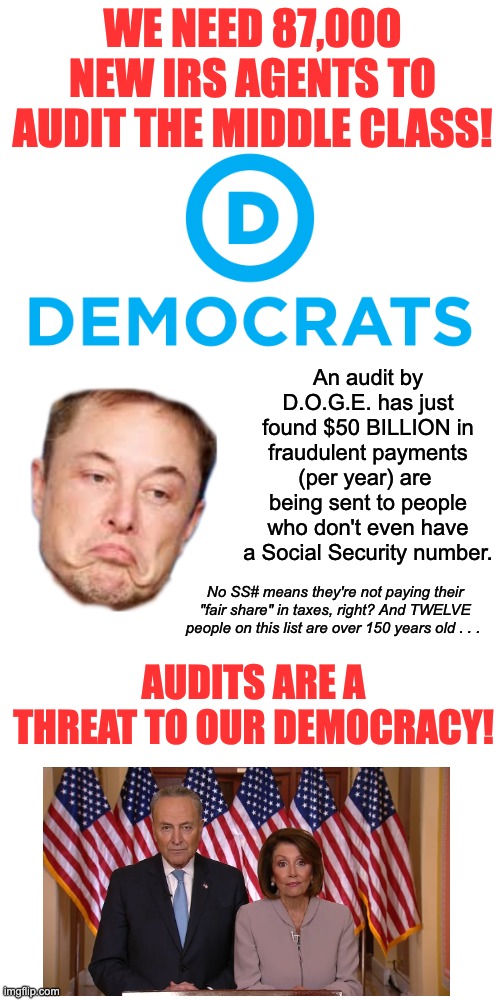 The Democrat Party needs to be audited. | WE NEED 87,000 NEW IRS AGENTS TO AUDIT THE MIDDLE CLASS! An audit by D.O.G.E. has just found $50 BILLION in fraudulent payments (per year) are  being sent to people who don't even have a Social Security number. No SS# means they're not paying their "fair share" in taxes, right? And TWELVE people on this list are over 150 years old . . . AUDITS ARE A THREAT TO OUR DEMOCRACY! | image tagged in democrats,corrupt to the core,corrupt democrats,dismantle their cash cow,unfair to middle class | made w/ Imgflip meme maker