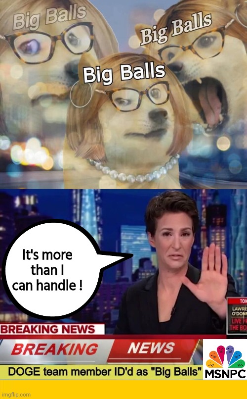 Madcow can't handle big balls | It's more than I can handle ! | image tagged in memes,blank yellow sign,rachel maddow,balls | made w/ Imgflip meme maker