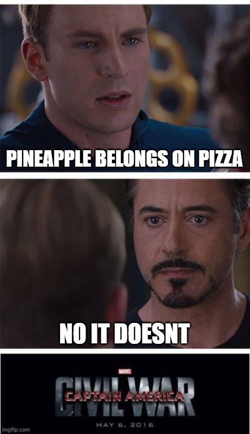 random meme | PINEAPPLE BELONGS ON PIZZA; NO IT DOESNT | image tagged in memes,marvel civil war 1,pizza | made w/ Imgflip meme maker