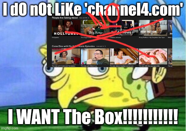 I HATE CHANNEL4.COM!!!!!!!!! | I dO nOt LiKe 'channel4.com'; I WANT The Box!!!!!!!!!!! | image tagged in memes,mocking spongebob | made w/ Imgflip meme maker