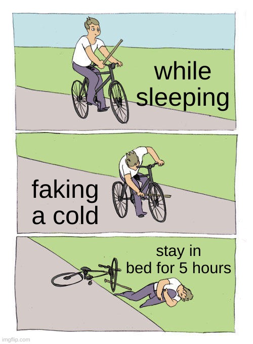 Bike Fall | while sleeping; faking a cold; stay in bed for 5 hours | image tagged in memes,bike fall | made w/ Imgflip meme maker