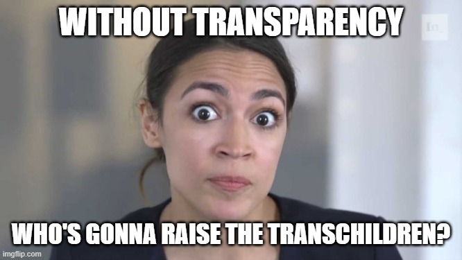 Crazy Alexandria Ocasio-Cortez | WITHOUT TRANSPARENCY WHO'S GONNA RAISE THE TRANSCHILDREN? | image tagged in crazy alexandria ocasio-cortez | made w/ Imgflip meme maker