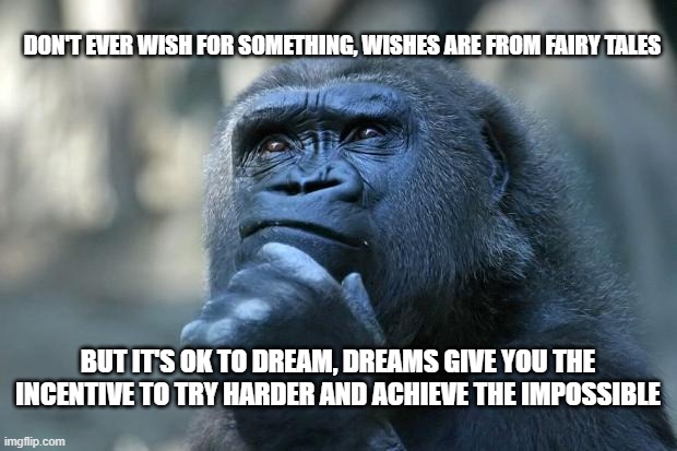 Deep Thoughts | DON'T EVER WISH FOR SOMETHING, WISHES ARE FROM FAIRY TALES; BUT IT'S OK TO DREAM, DREAMS GIVE YOU THE INCENTIVE TO TRY HARDER AND ACHIEVE THE IMPOSSIBLE | image tagged in deep thoughts | made w/ Imgflip meme maker