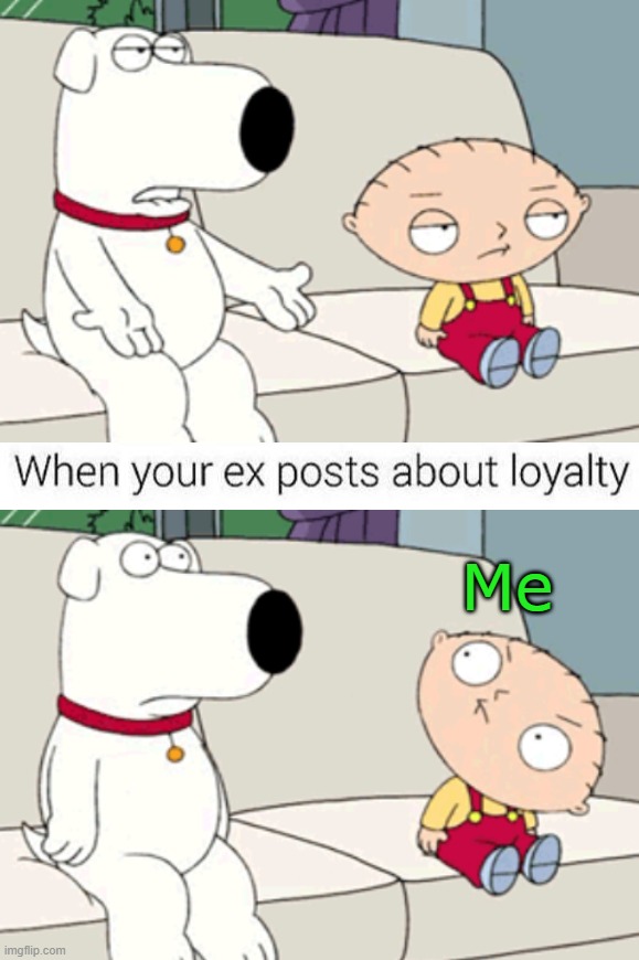 Love when people preach about things they have done to others | Me | image tagged in family guy stewie turning his head towards brian | made w/ Imgflip meme maker