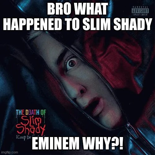 e | BRO WHAT HAPPENED TO SLIM SHADY; EMINEM WHY?! | image tagged in death of slim shady | made w/ Imgflip meme maker