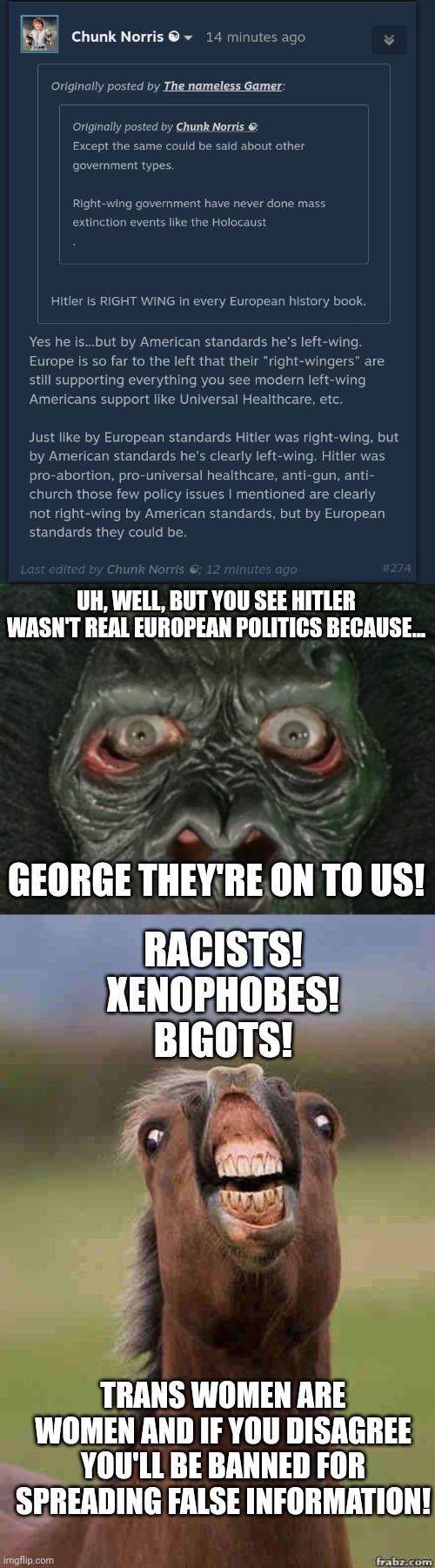 UH, WELL, BUT YOU SEE HITLER WASN'T REAL EUROPEAN POLITICS BECAUSE... RACISTS! XENOPHOBES! BIGOTS! GEORGE THEY'RE ON TO US! TRANS WOMEN ARE WOMEN AND IF YOU DISAGREE YOU'LL BE BANNED FOR SPREADING FALSE INFORMATION! | image tagged in spongebob gorilla,horse face | made w/ Imgflip meme maker