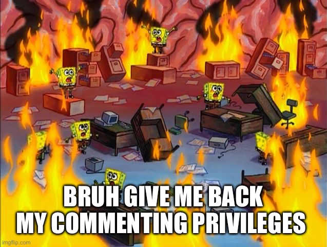 I won’t spam I swear | BRUH GIVE ME BACK MY COMMENTING PRIVILEGES | image tagged in spongebob fire | made w/ Imgflip meme maker