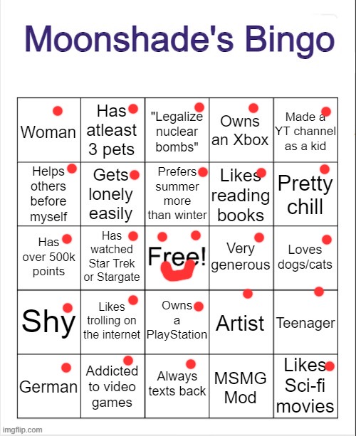 Moonshade's Bingo | image tagged in moonshade's bingo | made w/ Imgflip meme maker