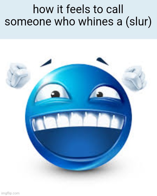 happy blue guy | how it feels to call someone who whines a (slur) | image tagged in happy blue guy | made w/ Imgflip meme maker