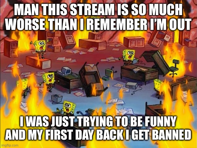 It’s not my fault I forgot spam was against ToS | MAN THIS STREAM IS SO MUCH WORSE THAN I REMEMBER I’M OUT; I WAS JUST TRYING TO BE FUNNY AND MY FIRST DAY BACK I GET BANNED | image tagged in spongebob fire | made w/ Imgflip meme maker