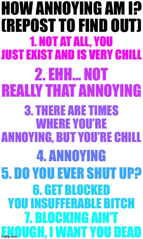 How annoying am I? (Repost to find out) | image tagged in how annoying am i repost to find out | made w/ Imgflip meme maker